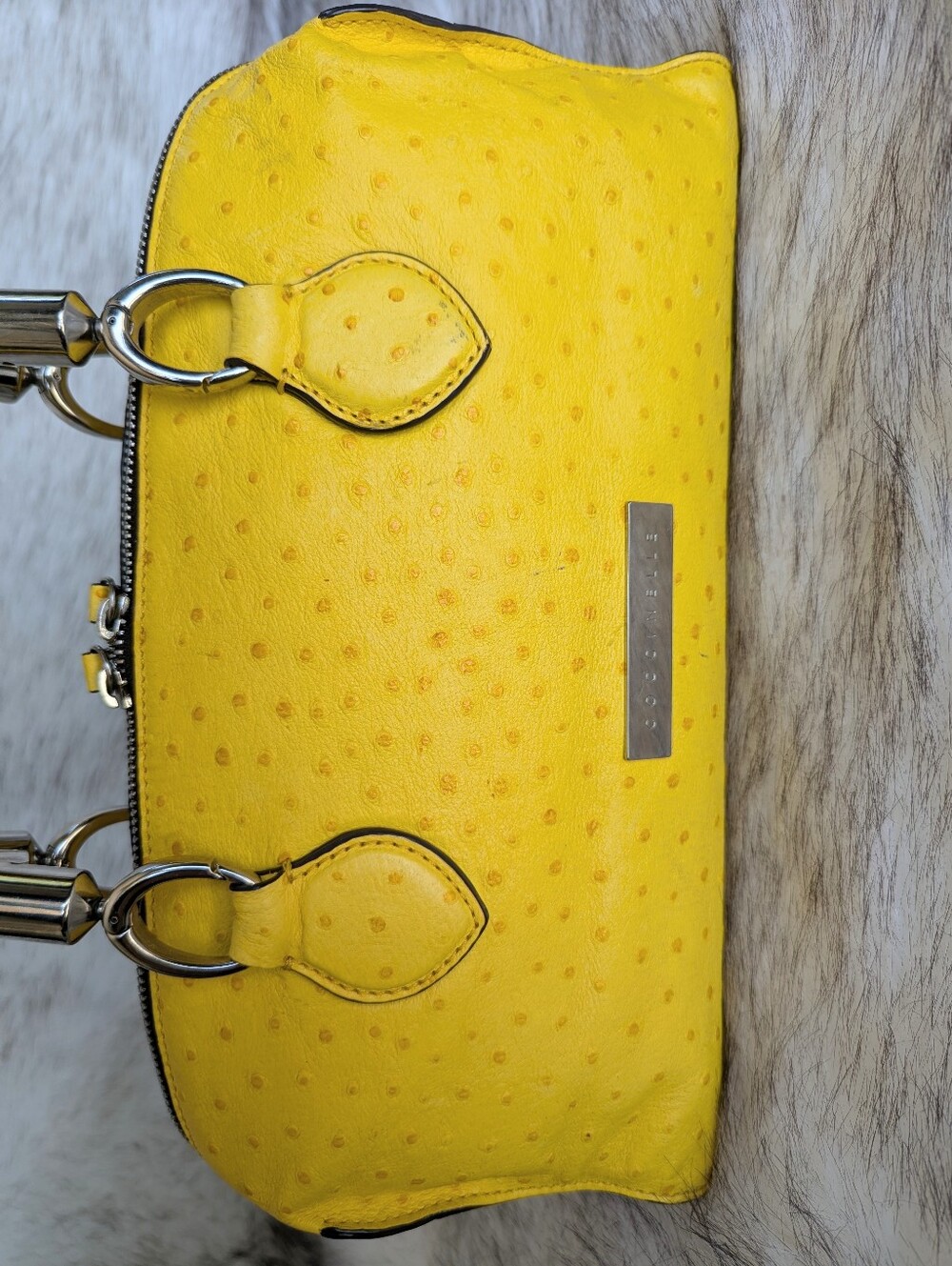 Coccinelle Bright Yellow Ostrich Embossed Convertible Satchel Crossbody Bag - Picture 4 of 14